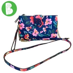 NANETTE LEPORE COATED CANVAS NAVY BLUE FLORAL CROSSBODY PURSE OR WRISTLET